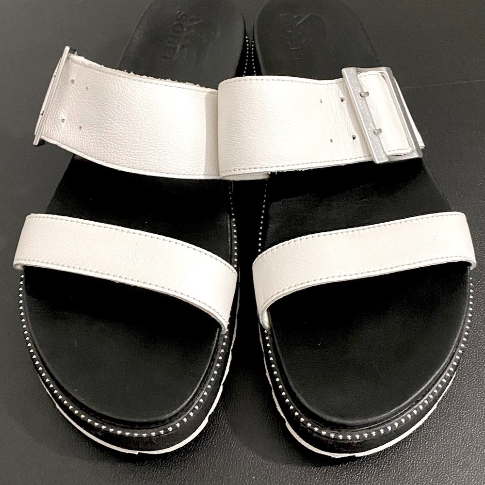 Sorel Roaming Big Buckle Slide Sandals Leather Size 10 White Black 90s Chunky - Picture 11 of 14